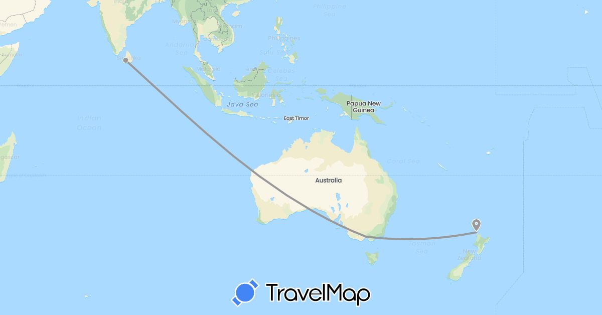 TravelMap itinerary: driving, plane in Australia, Sri Lanka, New Zealand (Asia, Oceania)